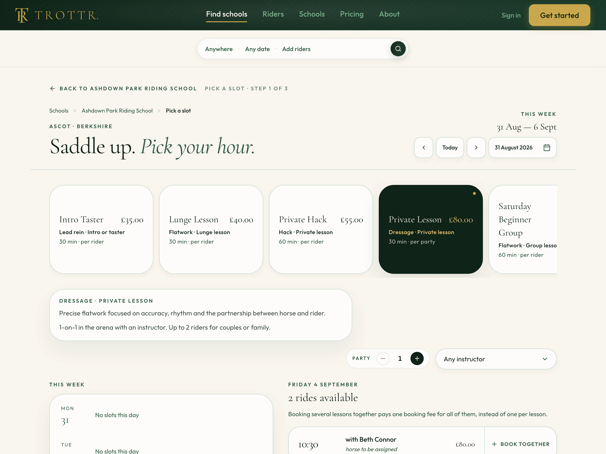 The booking page for a riding school: lesson types with prices across the top, then the week's open slots.